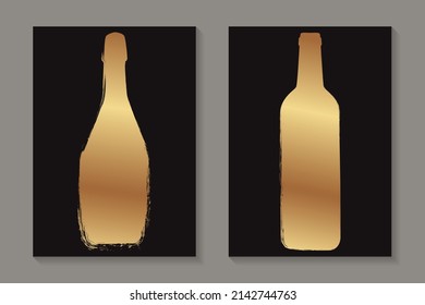 Moderne abstrakte Vorlagen für Flyer oder Poster mit goldenem Champagner und Weinflaschen im Grunge-Stil.