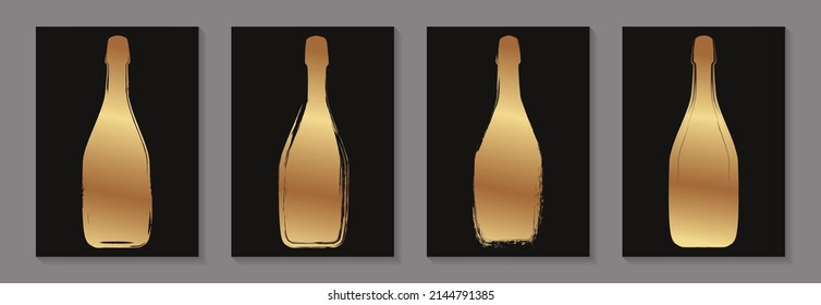 Modern abstract templates for flyer or poster with golden champagne bottles in grunge style.