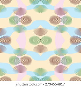 A modern abstract textile pattern with flowing waves and concentric circular lines in pastel tones. Suitable for contemporary fashion, upholstery, cushions, curtains, and creative interior textiles.