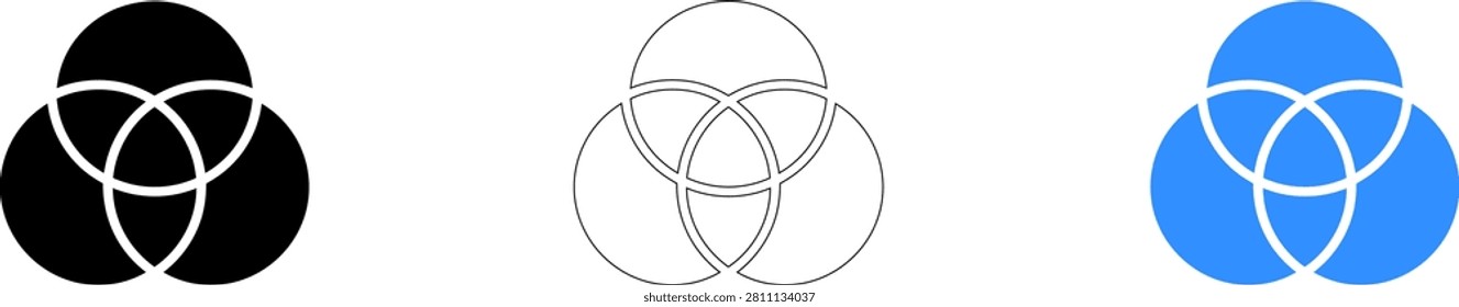 Modern abstract three interlocking circles icon set in black, white, and blue isolated on transparent background, Vector