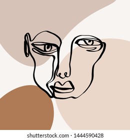 Modern abstract trendy outline face. Contemporary portrait silhouette. Hand drawn continuous line, minimalistic concept. Print for clothes, textile and other. Vector illustration.