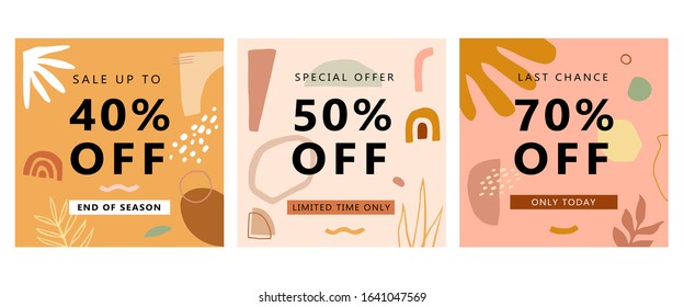 Modern abstract trendy SALE banners design, good for summer sale, social media promotional content and more. Random different shapes and floral silhouette element. 