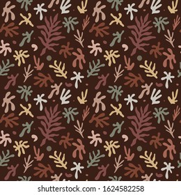 Modern abstract trendy seamless pattern with random floral leaves different shapes. Tropical plants silhouettes in warm terracotta colors. Good for branding, packaging or textile. Vector illustration.