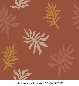 Modern abstract trendy seamless pattern with random floral leaves different shapes. Tropical monstera silhouettes in warm terracotta natural earthy color palette. Good for branding, packaging or