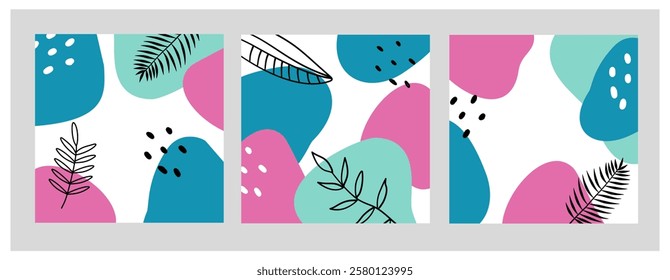 Modern abstract triptych with organic shapes in pink, blue, and green. Minimalist botanical line art adds an elegant touch. Perfect for interior decor and design projects
