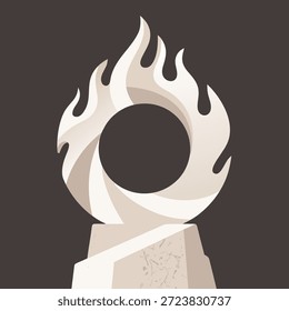 Eine moderne, abstrakte Trophäe in Form von Flammen, die einen Kreis umgibt und auf einem Steinsockel montiert ist.