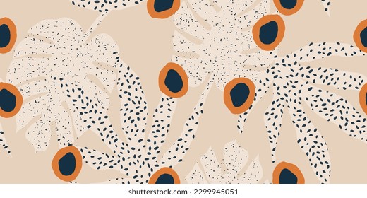 Modern abstract tropical leaves pattern. Cute botanical polka dot seamless pattern. Hand drawn unique print.