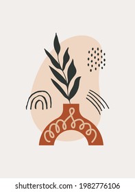  Modern abstract tropical wall art with various shapes, plant and doodle objects on pastel background. Vector minimalist hand drawn print in boho style. Mid century design