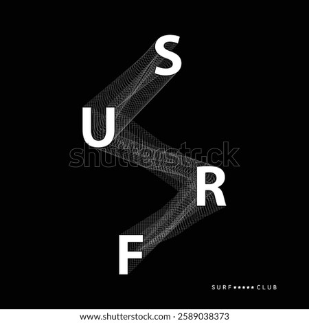 Modern abstract typography design featuring the word "SURF" with a dynamic wavy wireframe effect on a black background. Perfect for surf culture, digital art, branding, and futuristic aesthetics.