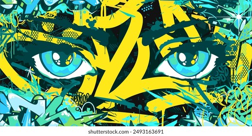 Modern Abstract Urban Futuristic Street Art Graffiti Style Background With Big Eyes Illustration