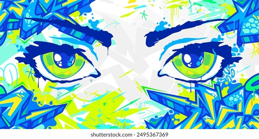 Modern Abstract Urban Futuristic Street Art Graffiti Style Background With Big Eyes Illustration