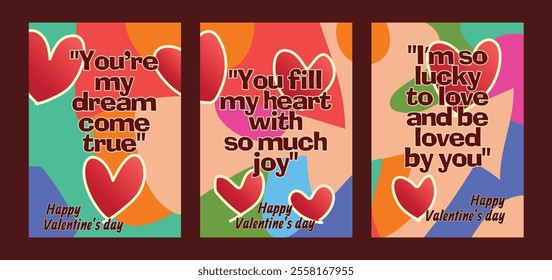 Modern Abstract Valentine Templates Featuring Stylish Heart Designs. A set of Valentine’s Day greeting card with sample text, red hearts and abstract backgrounds templates vector illustration. 