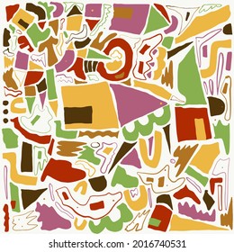 Moderno y abstracto, con diferentes formas de fondo con las casas. Colores anaranjados, rosas, amarillos, azules. Dibujo a mano a la moda ilustración para fondos de pantalla, sitio web, papel de envoltura, telas, medios sociales