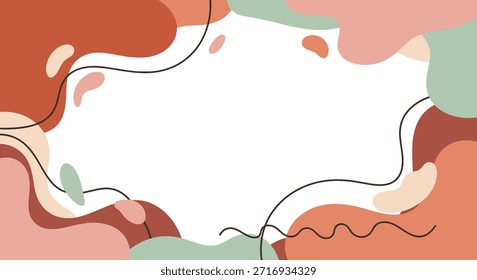Um moderno, abstrato vetor fundo com uma borda composta de formas orgânicas, fluidas em uma moderna terracota, verde sábio, e cor rosa avermelhada paleta de cores, acentuado por linhas de doodle fino, preto, contínuo, fornecendo amplo espaço negativo branco para o texto.