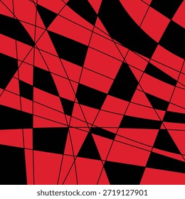 A modern abstract vector background featuring chaotic intersecting black lines that create a shattered glass effect. The resulting irregular geometric shapes are filled with contrasting bright red and black colors. This design is perfect for gaming wallpapers, esports backgrounds, edgy textile prints, modern web graphics, and futuristic tech designs.