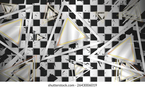 Modern abstract vector background with metallic triangles, checkerboard pattern, and grunge elements. Perfect for tech, futuristic, or digital themes.