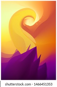 Modern abstract vector background template or Wallpaper in yellow and purple tones. Shape of mountains, spirals. Abstract geometric background for brochure, card, flyer. Vector illustration