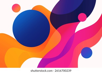 Modern abstract vector background with vibrant fluid shapes in blue, orange, pink, and purple gradients, featuring overlapping waves and circular elements on a white backdrop