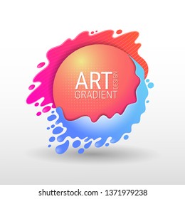 Modern abstract vector banner. Form of liquid and spray. Flat geometric shapes and volumetric elements. Glowing circle in the center for text. Colorful trendy gradients and soft color tones. 