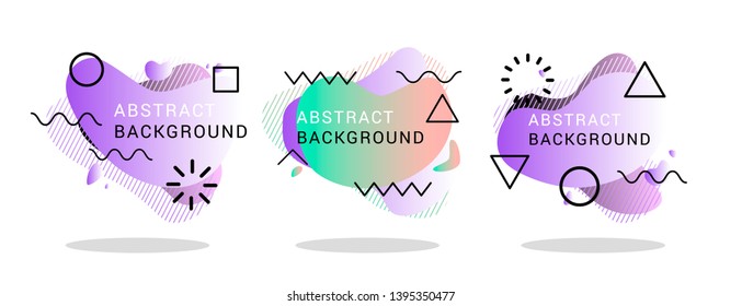 Modern abstract vector banner set. Neon gradient geometric liquid form with various colors. Futuristic vector template in 80s-90s retrowave style for the design of a logo, flyer or presentation.