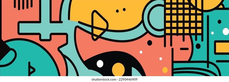 modern abstract vector banners. Flat geometric shapes of different colors with black outline in memphis design style. Template ready for use in web or print design