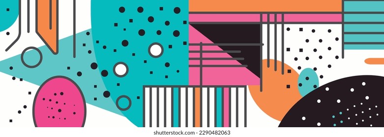 modern abstract vector banners. Flat geometric shapes of different colors with black outline in memphis design style. Template ready for use in web or print design