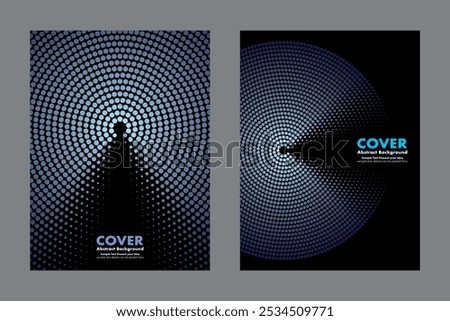Modern abstract vector blue shade circles halftone dots on dark background. Geometric shapes minimalist style for cover, graphic design, digital art