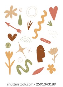 Modern abstract vector clipart with hand-drawn doodles, organic shapes, and geometric elements in earthy tones. Perfect for branding, posters, stickers, prints, and creative design projects.