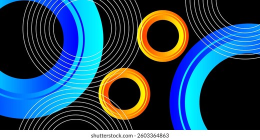 modern abstract vector design with vibrant blue and orange circular elements on a black background, featuring concentric white lines for a dynamic and futuristic effect.