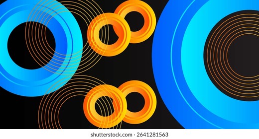 modern abstract vector design with vibrant blue and orange circular elements on a black background, featuring concentric white lines for a dynamic and futuristic effect. eps 10