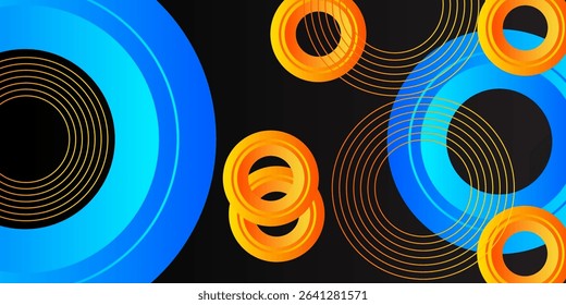 modern abstract vector design with vibrant blue and orange circular elements on a black background, featuring concentric white lines for a dynamic and futuristic effect. poster