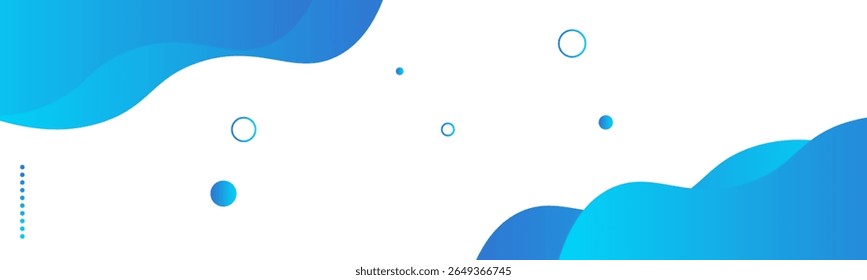 Moderner abstrakter Vektor mit fließenden blauen Wellenformen und verstreuten kreisförmigen Elementen auf weißem Hintergrund. Sauberes und minimales Design, ideal für Web-Header oder technische Hintergründe.
