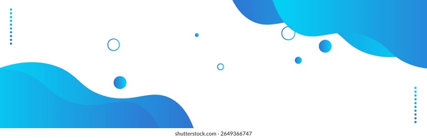 Vector abstracto moderno con Formas ondulatorias azules y Elementos circulares dispersos sobre un fondo blanco. Diseño limpio y mínimo, ideal para cabeceras de Web o fondos tecnológicos.