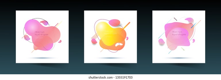 Modern abstract vector fluid, liquid shape design, banner set. Illustration minimal flat geometric, liquid form with gradient color background. Modern vector graphic design for logo, banner, template