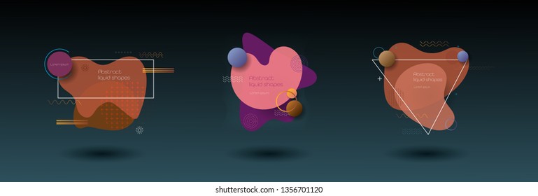 Modern abstract vector fluid, liquid shape design, banner set. Illustration minimal flat geometric, liquid form with gradient color background. Modern vector graphic design for logo, banner, template
