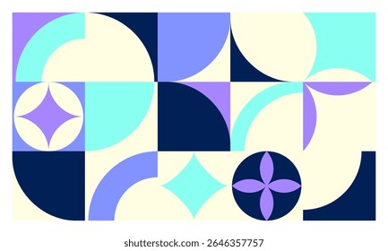Moderner abstrakter Vektor mit geometrischen Formen in violetter, tealer, cremefarbener Rasterform.