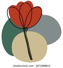 Modern abstract vector hand drawing flower linear art. Minimalism. Transparent background, bright spots, red-green tones. For posters, murals, packaging, covers, social networks, blogs, postcards.