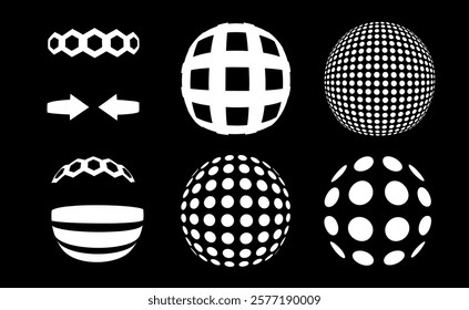 Modern and abstract vector icon set featuring three-dimensional spheres representing technology, science, and innovation. Virtual reality, with smooth gradients, spotted textures, and twisted shapes