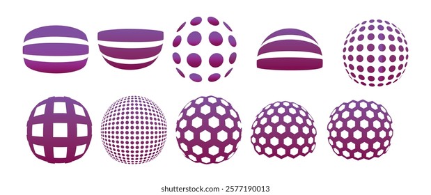 Modern and abstract vector icon set featuring three-dimensional spheres representing technology, science, and innovation. Virtual reality, with smooth gradients, spotted textures, and twisted shapes