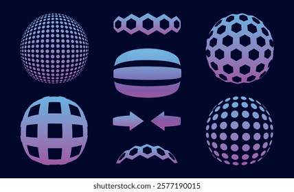 Modern and abstract vector icon set featuring three-dimensional spheres representing technology, science, and innovation. Virtual reality, with smooth gradients, spotted textures, and twisted shapes
