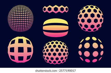 Modern and abstract vector icon set featuring three-dimensional spheres representing technology, science, and innovation. Virtual reality, with smooth gradients, spotted textures, and twisted shapes