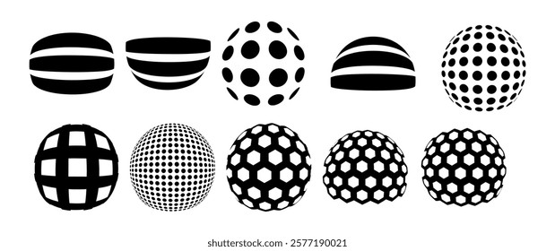 Modern and abstract vector icon set featuring three-dimensional spheres representing technology, science, and innovation. Virtual reality, with smooth gradients, spotted textures, and twisted shapes