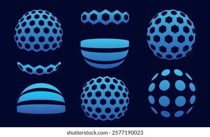 Modern and abstract vector icon set featuring three-dimensional spheres representing technology, science, and innovation. Virtual reality, with smooth gradients, spotted textures, and twisted shapes