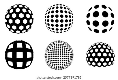 Modern and abstract vector icon set featuring three-dimensional spheres representing technology, science, and innovation. Virtual reality, with smooth gradients, spotted textures, and twisted shapes