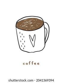 Modern Abstract Vector Illustration with Black Cup of Coffee. Black Mug  with Heart on a White Background. Childish Style Print for Coffee Lovers. Brown Handwritten Coffee.