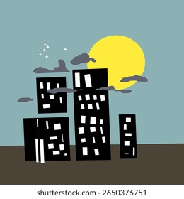 Modern abstract vector illustration of a cityscape at night featuring black rectangular buildings with white windows, a bright yellow moon, and floating geometric elements. Minimalist flat design .