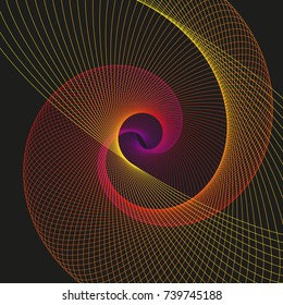 Ilustración vectorial abstracta moderna. Forma lineal futurista digital colorida. Belleza de las complejas tecnologías contemporáneas. Fondo geométrico con remolino redondo radiante. Elemento de diseño.
