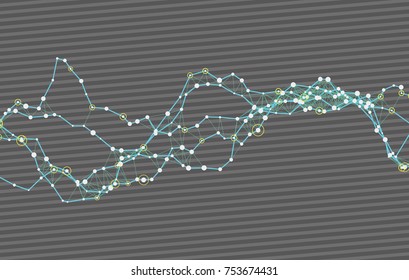 Modern abstract vector illustration with connected dots. Wavy mechanical construction. Complexity of modern analytical systems. Digital representation of informational flow. Element of design.