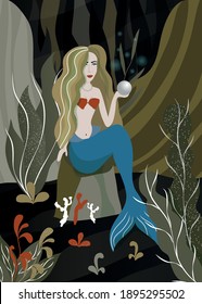 Modern abstract vector illustration for a fairy tale. The little Mermaid. Folklore. Fabulous landscape. Scandinavian palette. Undersea world.