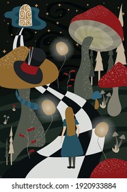 Modern abstract vector illustration for a fairy tale. Alice in Wonderland. Cheshire Cat. Folklore. Fabulous landscape. Scandinavian palette.